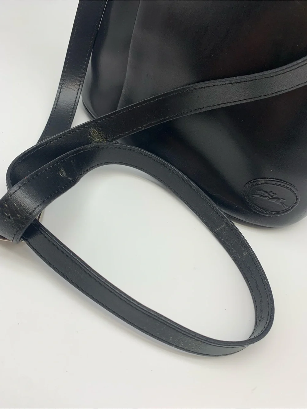 Vintage Longchamp Roseau Black Leather Bucket Shoulder Bag Silver hardware